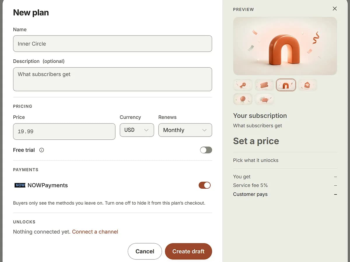 Creating a new membership plan with pricing and payment methods