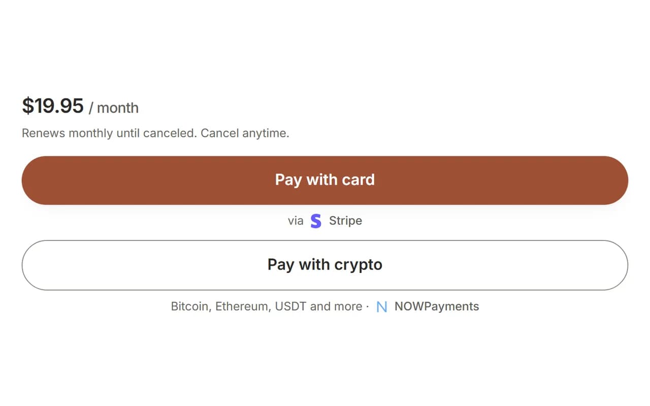 Checkout with Pay with card via Stripe and Pay with crypto via NOWPayments