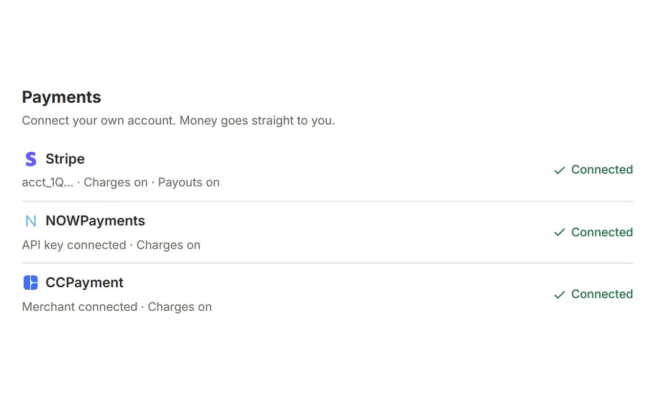 Payments page with Stripe, NOWPayments, CCPayment and Access Codes
