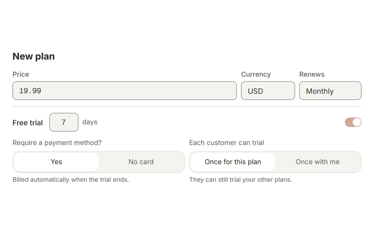 Offer editor with price, billing interval, free trial days and eligibility options
