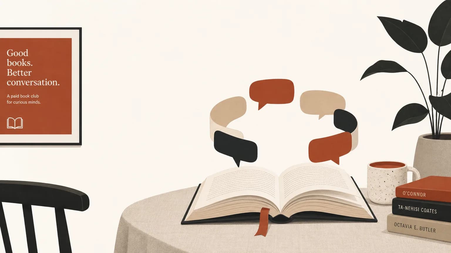 Illustration of a hardcover book opening into a private Telegram discussion circle