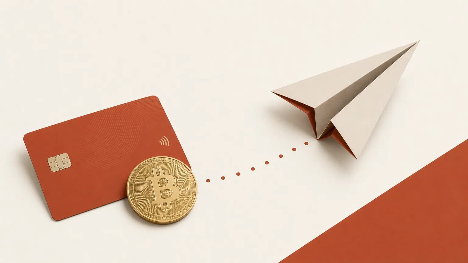 Illustration of a card and crypto coin beside a Telegram paper plane at checkout