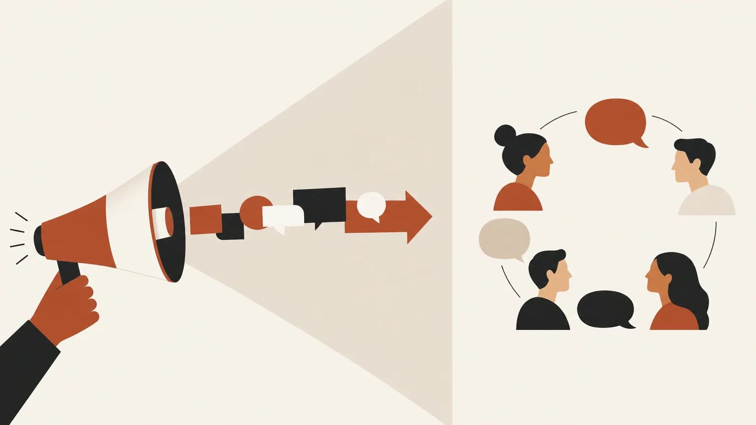 Illustration comparing a one-way broadcast megaphone to a multi-person discussion circle