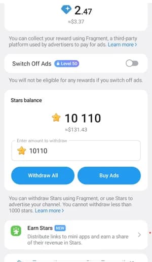Telegram Stars balance with withdraw and buy-ads actions