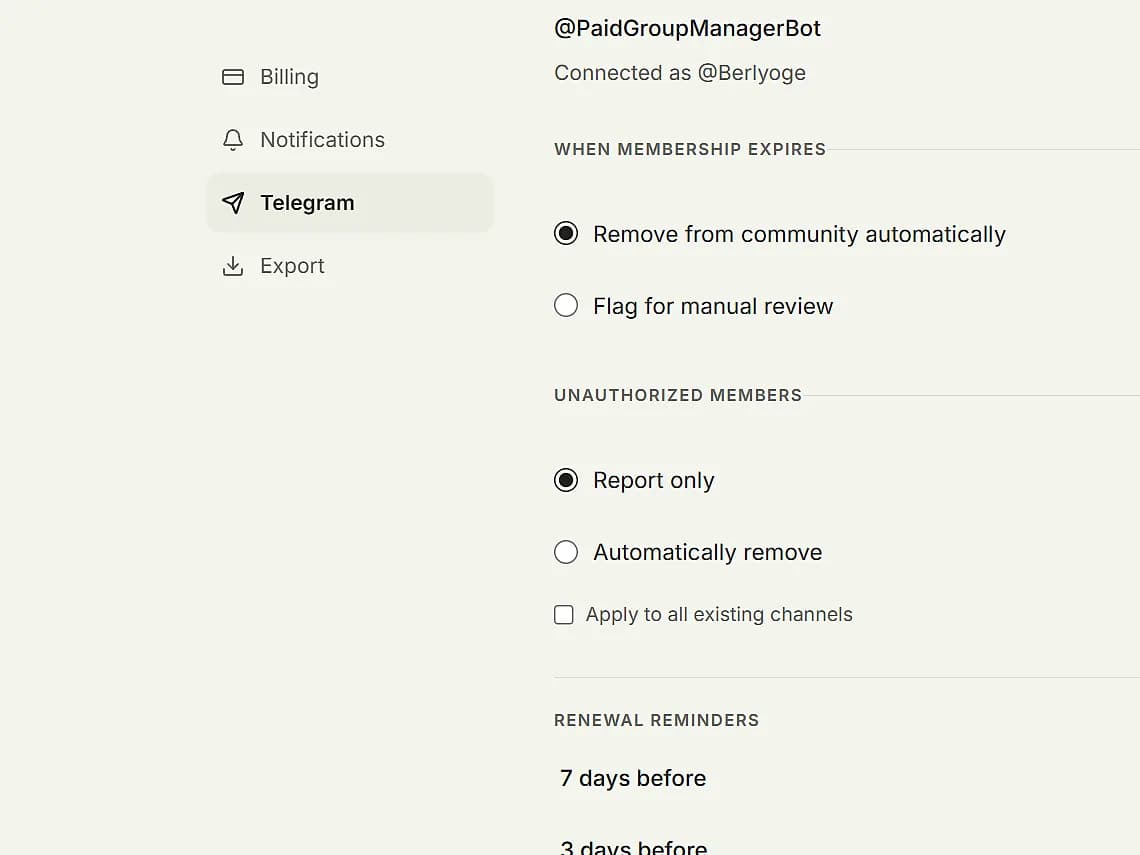 Telegram automation settings for expired members and renewal reminders