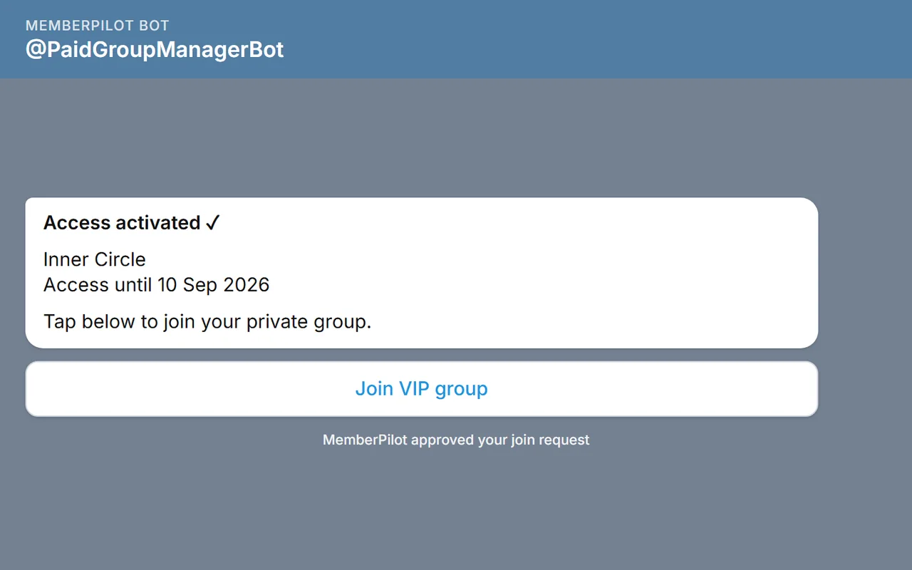 Telegram bot message confirming access activated with a join button after payment