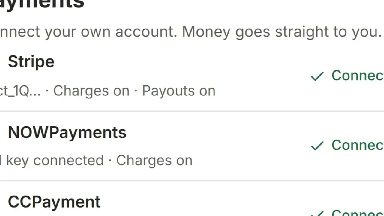 Payment accounts screen for connecting Stripe and crypto providers