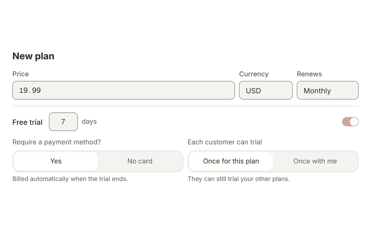 Subscriptions and trials settings for a Telegram membership offer