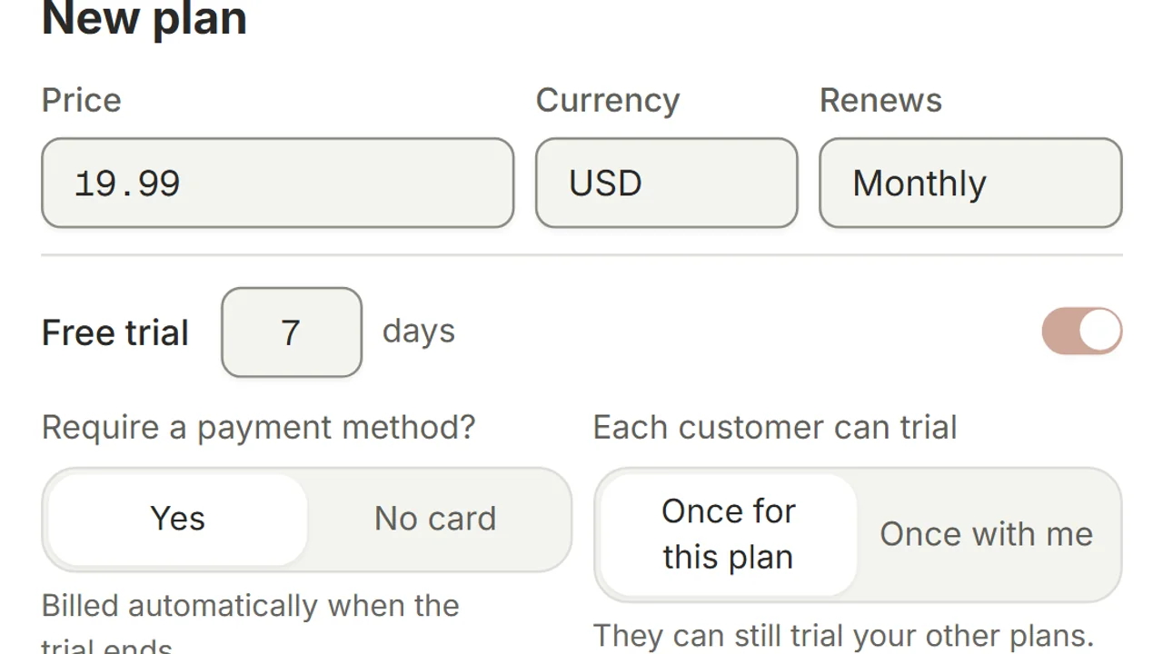 New plan screen with monthly price, currency, and free trial toggles