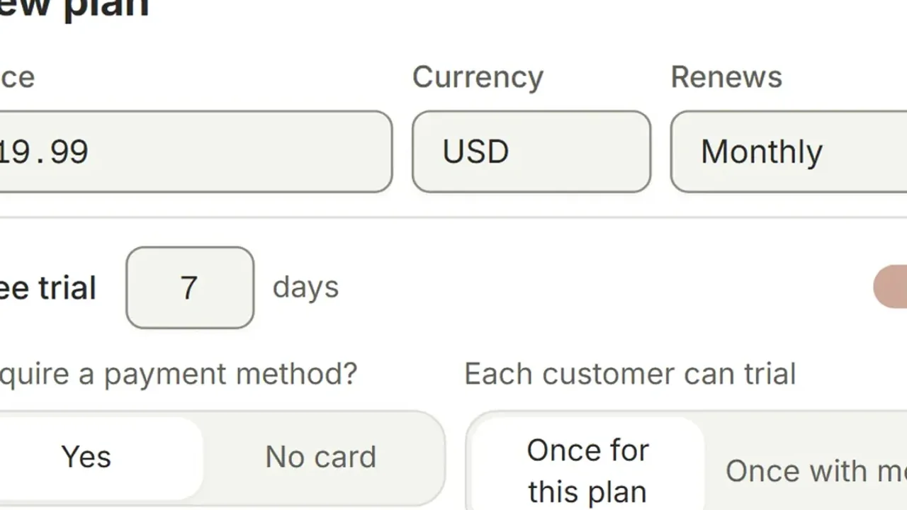 Plan editor with price, monthly renewal, and free trial controls