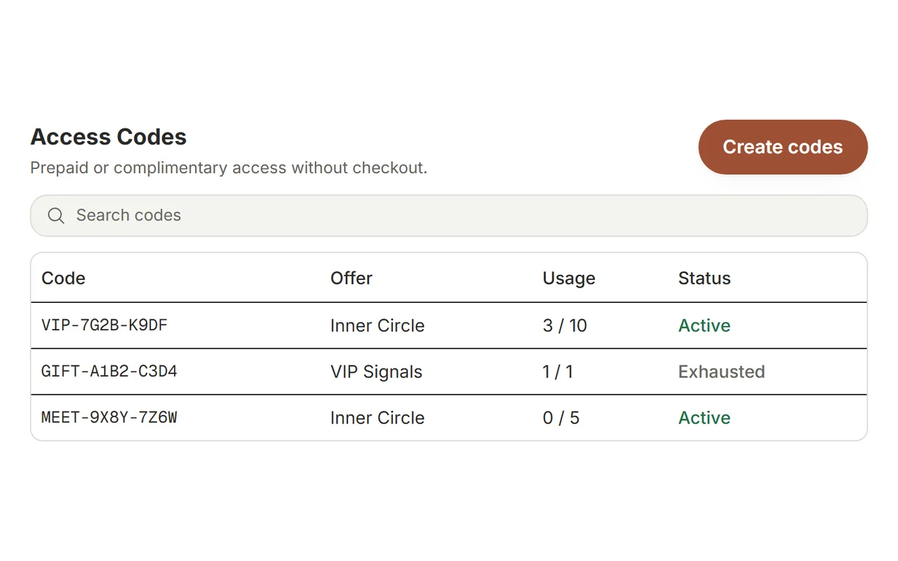 Access codes screen for gated Telegram membership entry after checkout