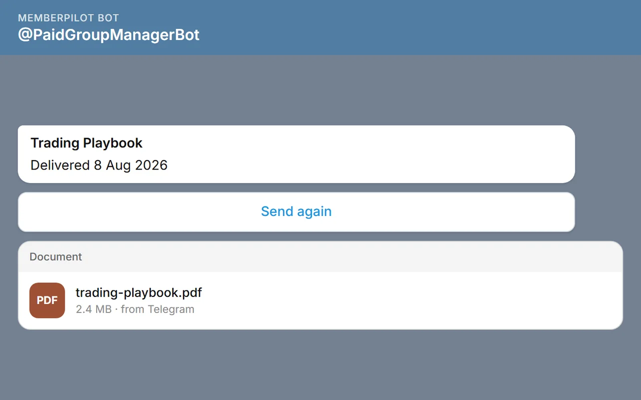MemberPilot bot delivering a purchased digital product from Telegram after checkout