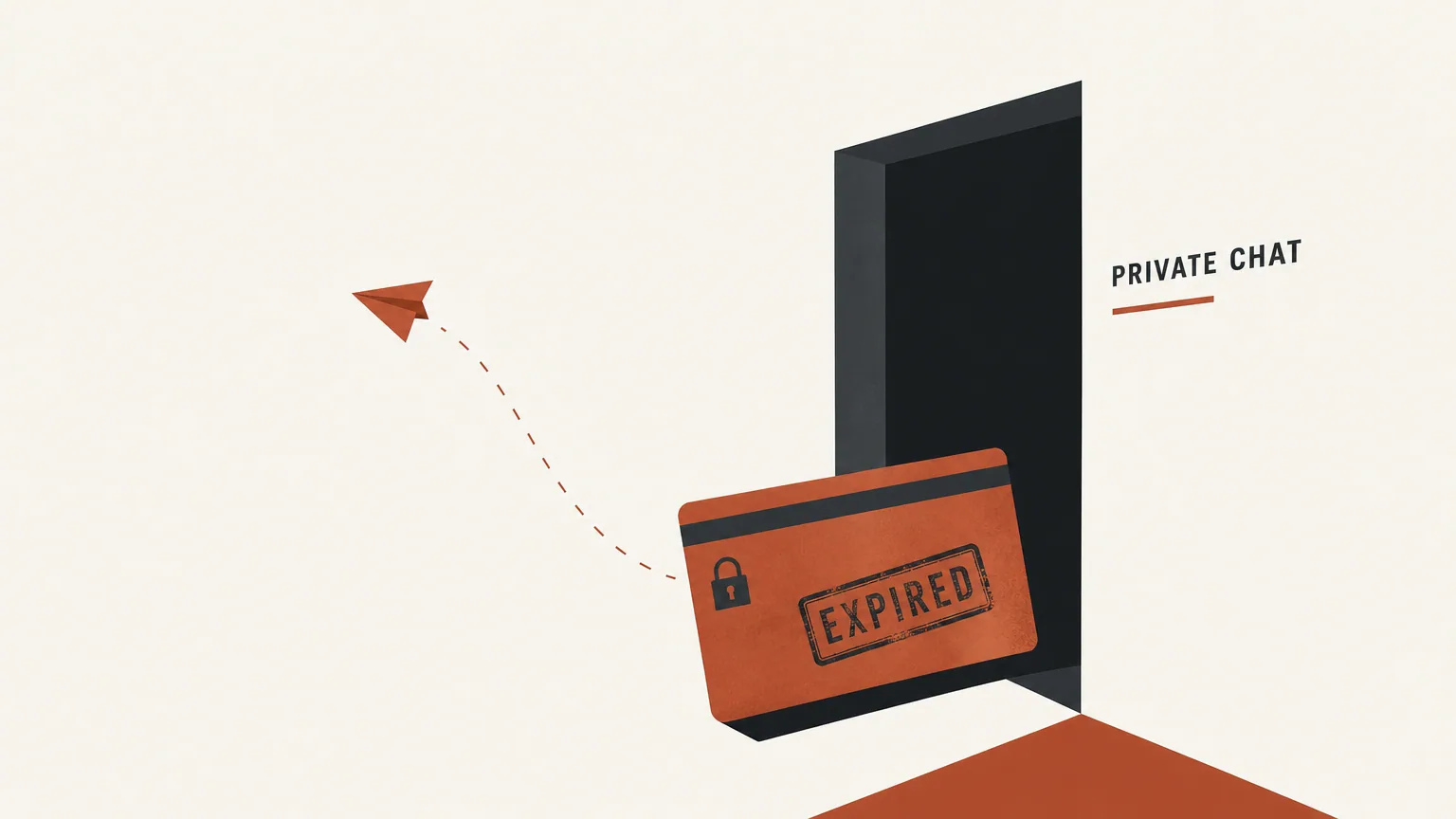 Illustration of an expired membership key falling away from a private Telegram chat door